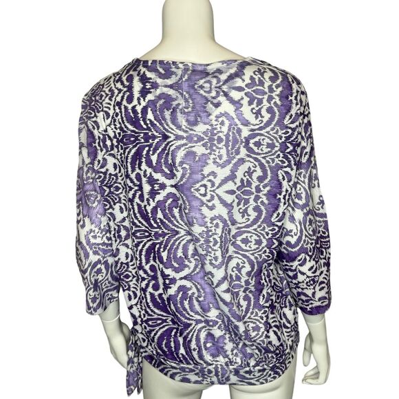 CHICOS Size 1 US M Purple & White Paisley Print Knit Top Rhinestone Trim - Picture 14 of 14